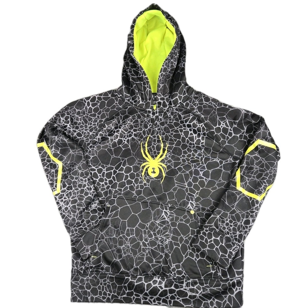 Spyder Kids Hoodie Youth Medium‎ M Blk/Grey Web Print Neon Yellow Logo Pullover